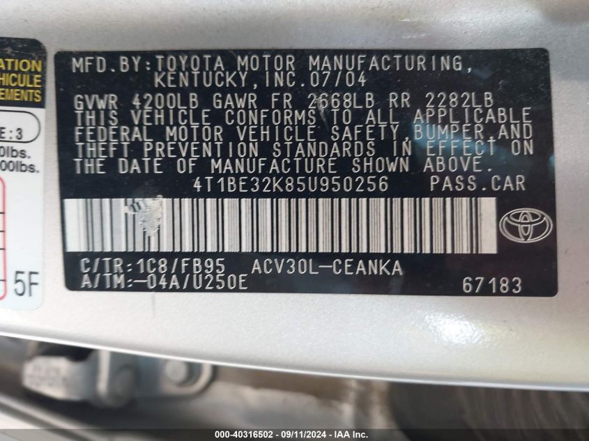 4T1BE32K85U950256 2005 Toyota Camry Le/Xle/Se