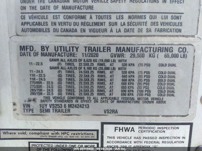 2021 Utility Trailer Mfg Mfg VIN: 1UYVS2536M2424213 Lot: 40316655