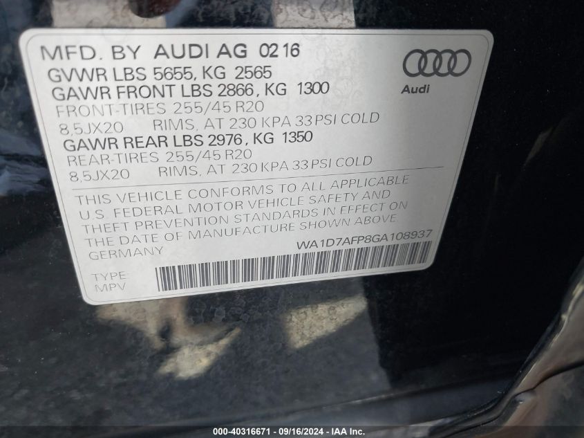 2016 Audi Q5 3.0T Premium Plus VIN: WA1D7AFP8GA108937 Lot: 40316671