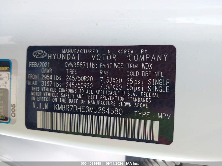 2021 Hyundai Palisade Calligraphy VIN: KM8R7DHE3MU294580 Lot: 40316681