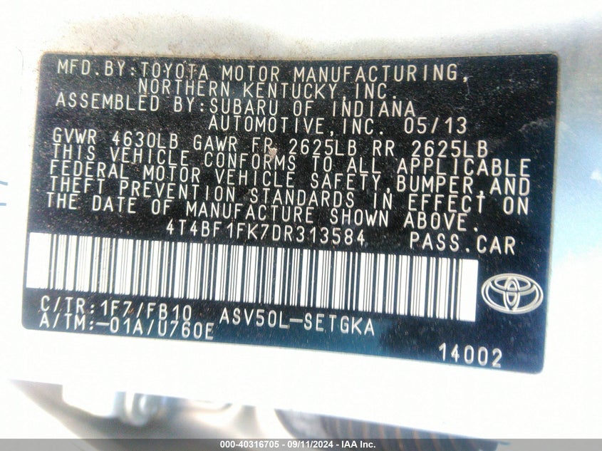 2013 TOYOTA CAMRY XLE - 4T4BF1FK7DR313584