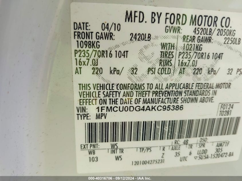 1FMCU0DG4AKC95386 2010 Ford Escape Xlt