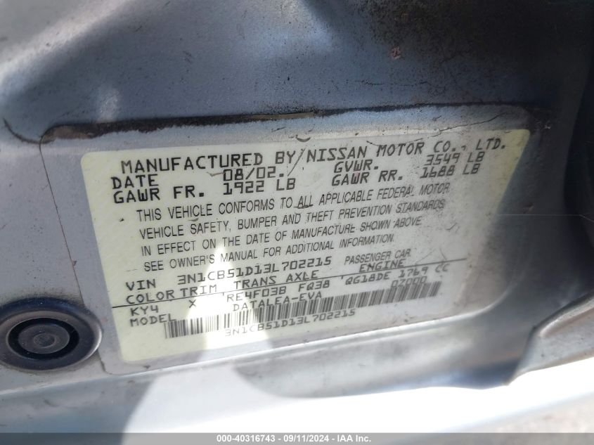 2003 Nissan Sentra Gxe/Xe VIN: 3N1CB51D13L702215 Lot: 40316743