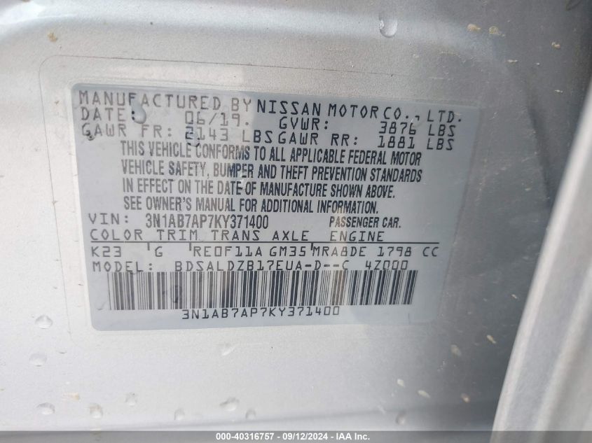 3N1AB7AP7KY371400 2019 Nissan Sentra Sv