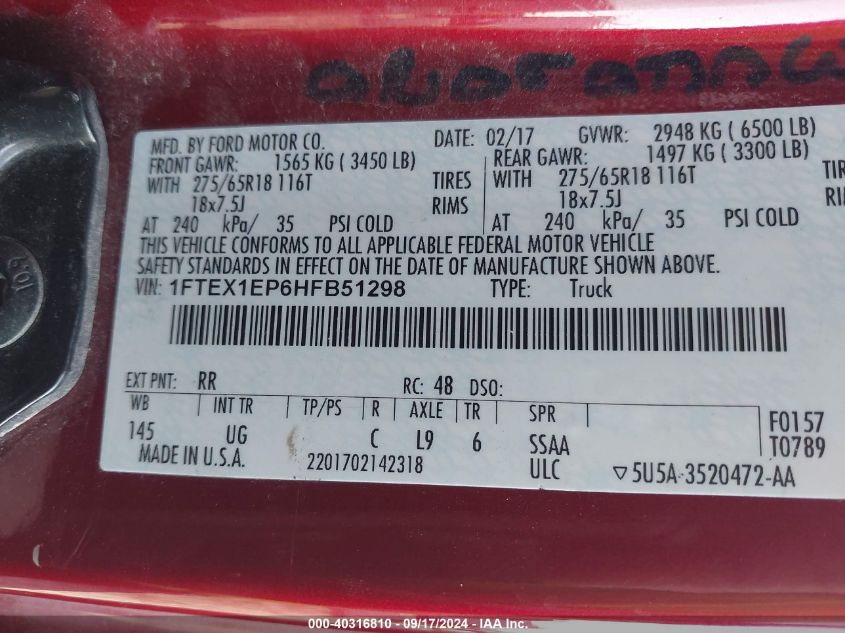 2017 Ford F-150 Xlt VIN: 1FTEX1EP6HFB51298 Lot: 40316810