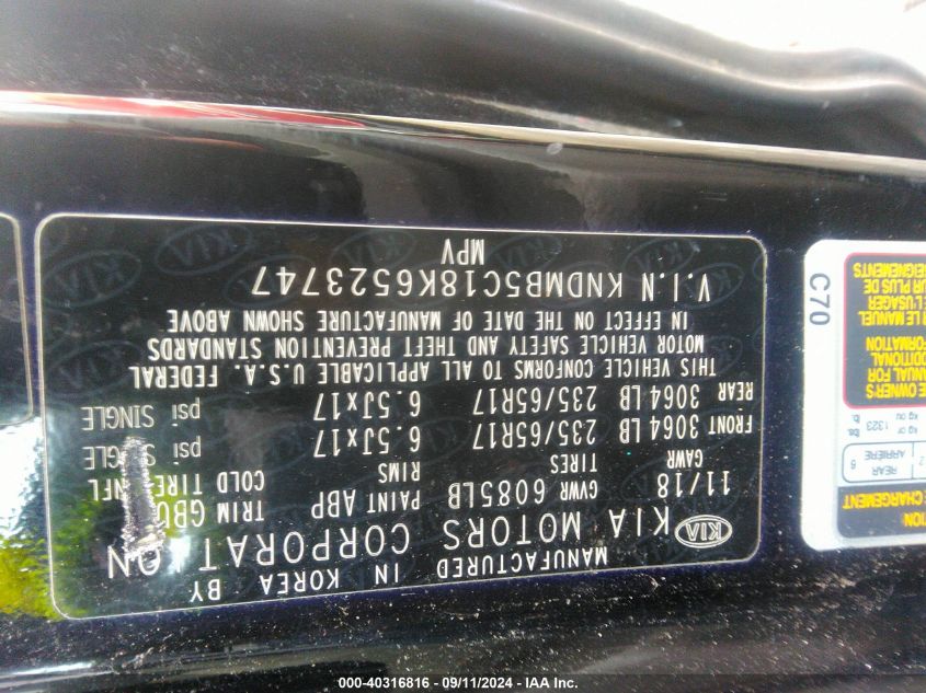 KNDMB5C18K6523747 2019 Kia Sedona Lx/Ex