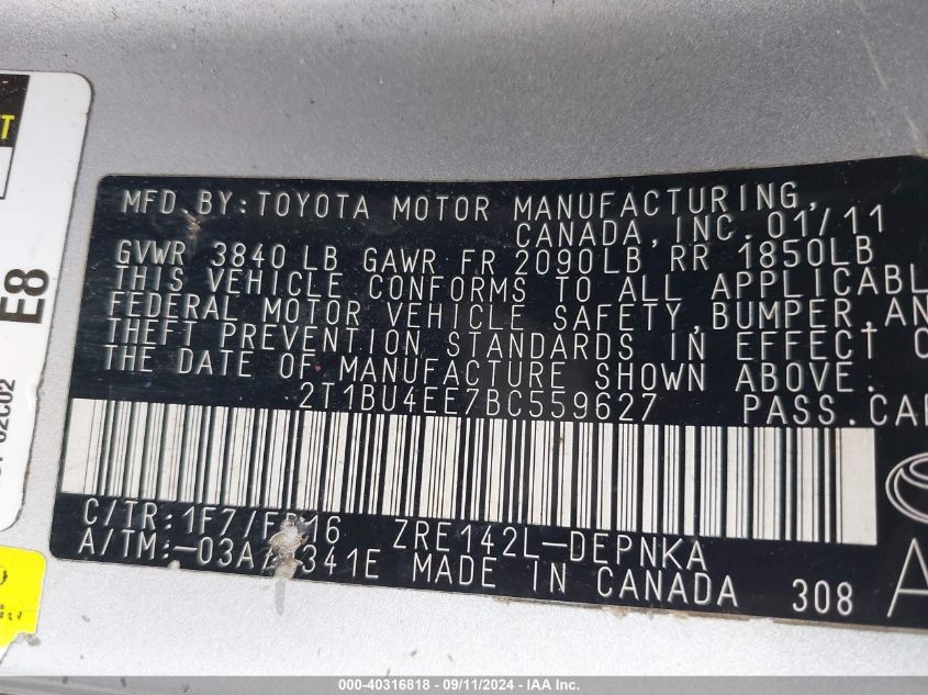 2011 Toyota Corolla Le VIN: 2T1BU4EE7BC559627 Lot: 40316818