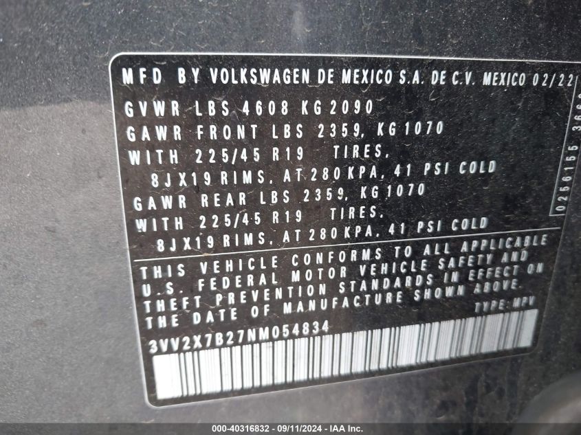 2022 Volkswagen Taos Sel VIN: 3VV2X7B27NM054834 Lot: 40316832