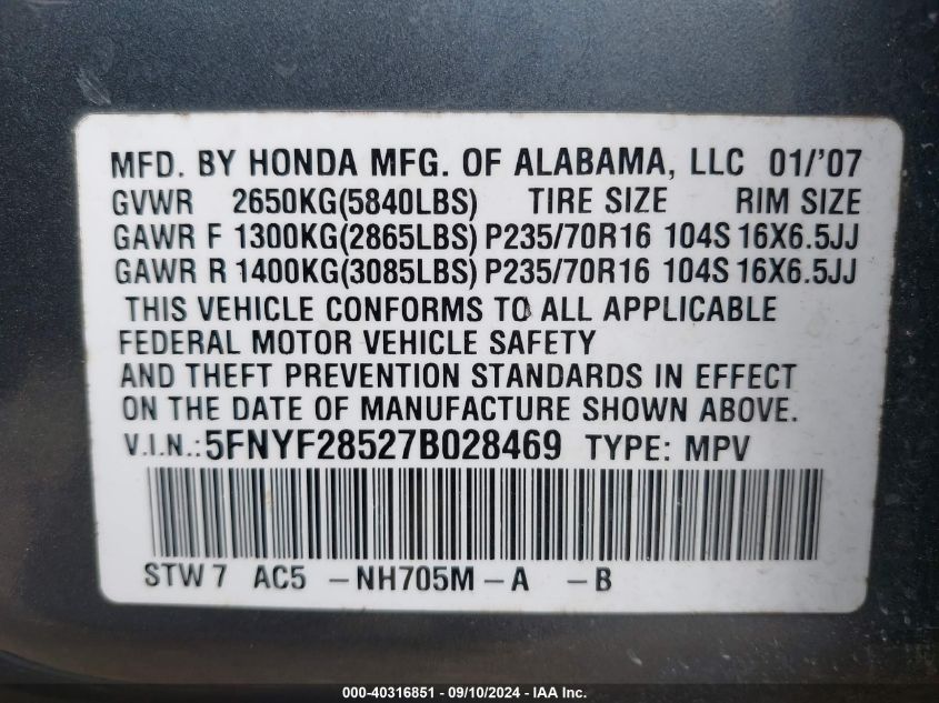 2007 Honda Pilot Ex-L VIN: 5FNYF28527B028469 Lot: 40316851