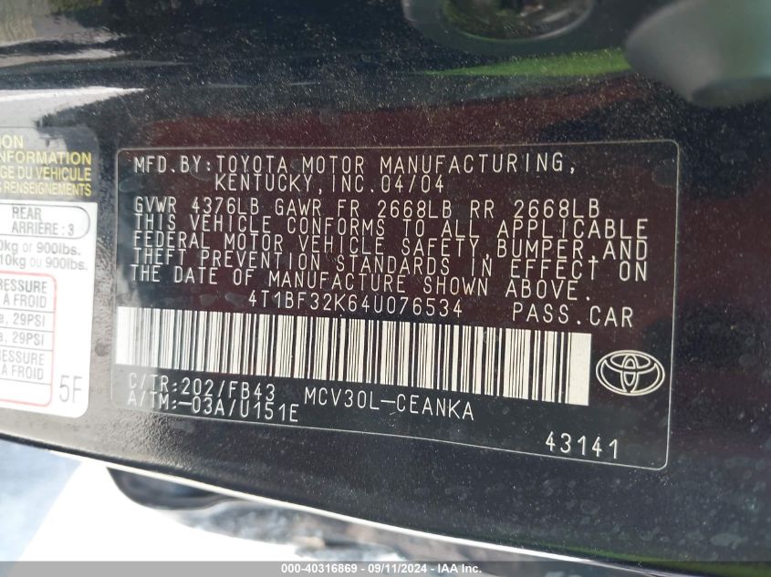 4T1BF32K64U076534 2004 Toyota Camry Le V6