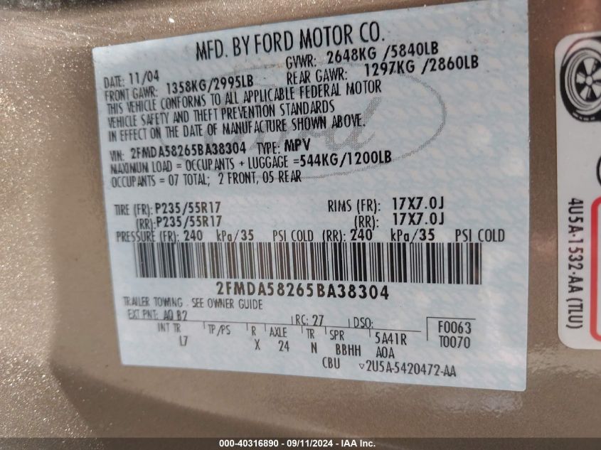 2FMDA58265BA38304 2005 Ford Freestar Limited