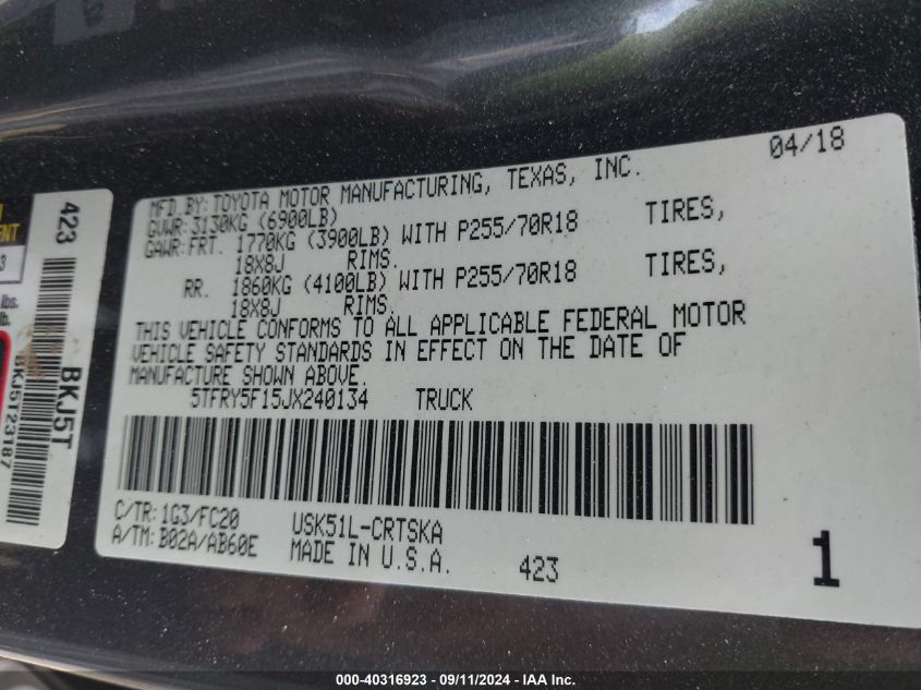 5TFRY5F15JX240134 2018 Toyota Tundra Sr5 5.7L V8