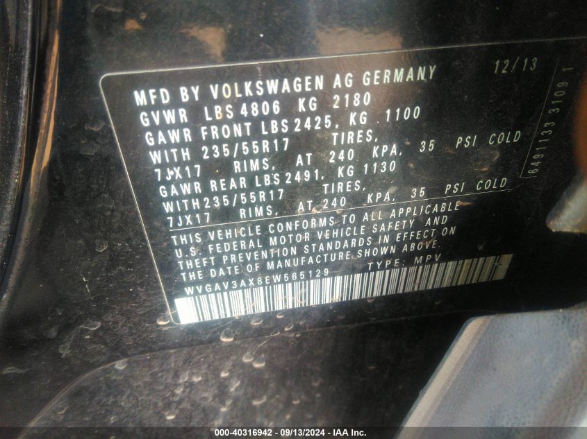 WVGAV3AX8EW565129 2014 Volkswagen Tiguan Se