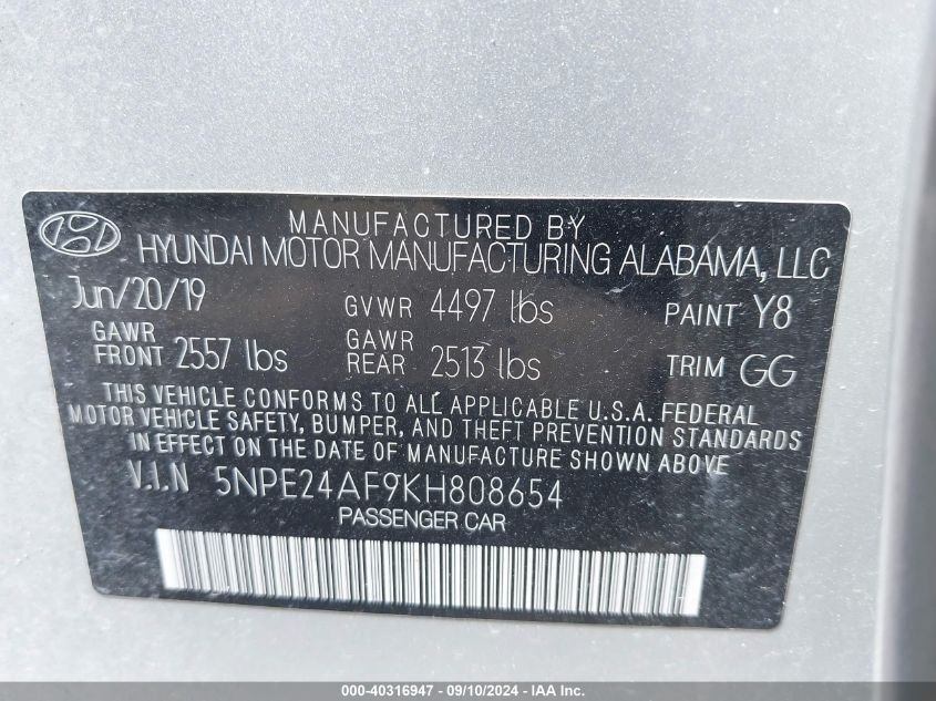 5NPE24AF9KH808654 2019 Hyundai Sonata Se