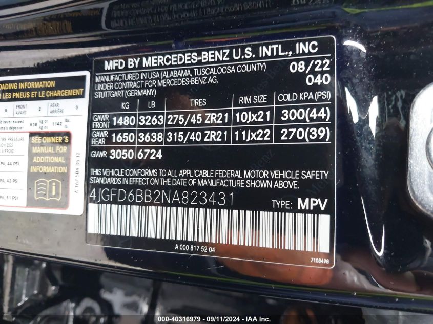 VIN 4JGFD6BB2NA823431 2022 Mercedes-Benz Amg Gle 53... no.9