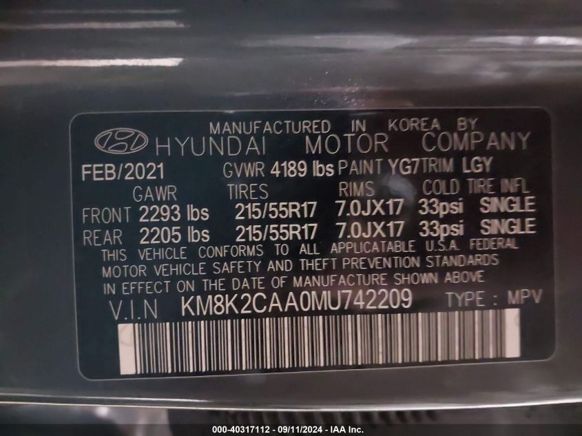 2021 Hyundai Kona Sel VIN: KM8K2CAA0MU742209 Lot: 40317112