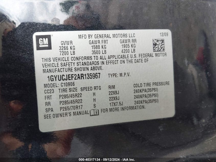 1GYUCJEF2AR135967 2010 Cadillac Escalade Esv Premium