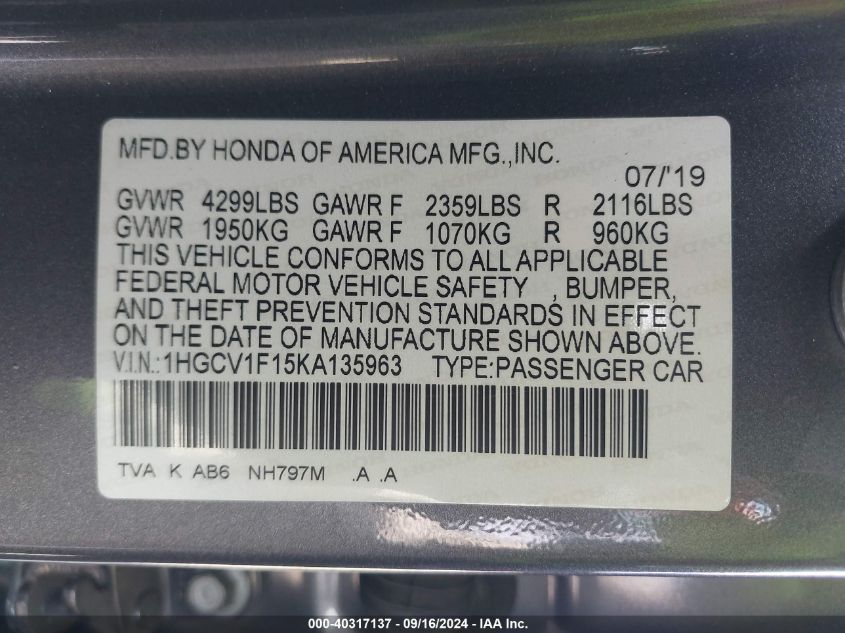 1HGCV1F15KA135963 2019 Honda Accord Lx