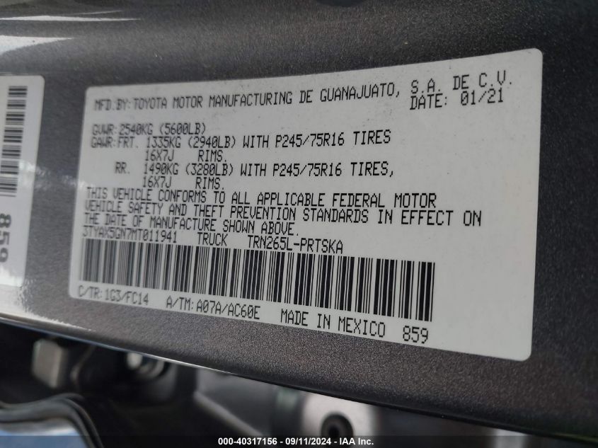 2021 Toyota Tacoma Double Cab/Sr/Sr5 VIN: 3TYAX5GN7MT011941 Lot: 40317156