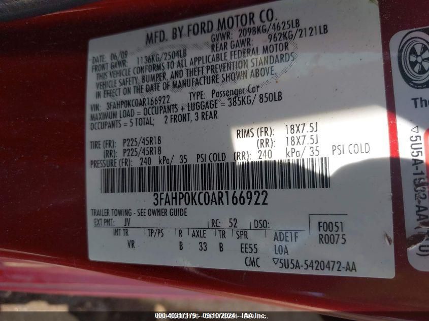 2010 Ford Fusion Sport VIN: 3FAHP0KC0AR166922 Lot: 40317179