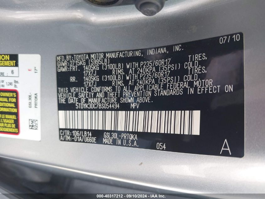 5TDYK3DC7BS054494 2011 Toyota Sienna Xle V6