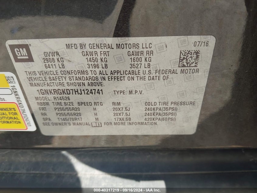 2017 Chevrolet Traverse 1Lt VIN: 1GNKRGKD7HJ124741 Lot: 40317219