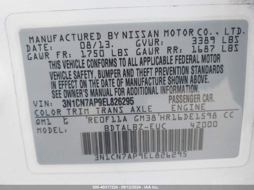 2014 Nissan Versa 1.6 Sv VIN: 3N1CN7APDEL826295 Lot: 40317224