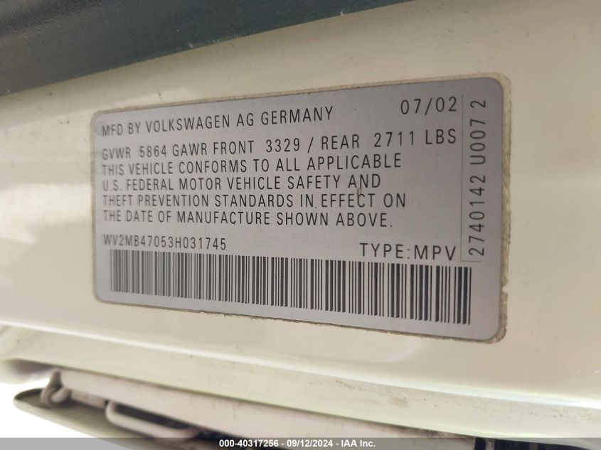 2003 Volkswagen Eurovan Mv VIN: WV2MB47053H031745 Lot: 40317256