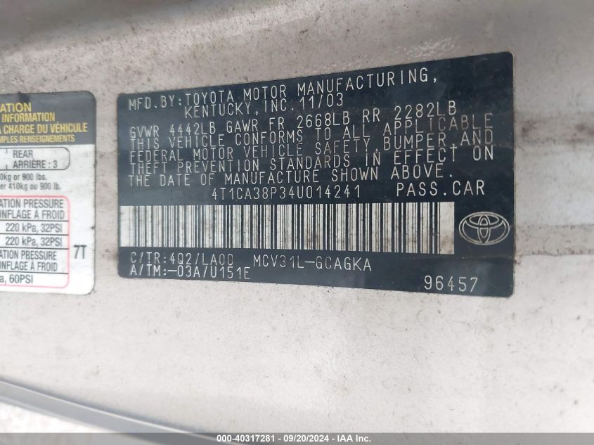 4T1CA38P34U014241 2004 Toyota Camry Solara Sle V6