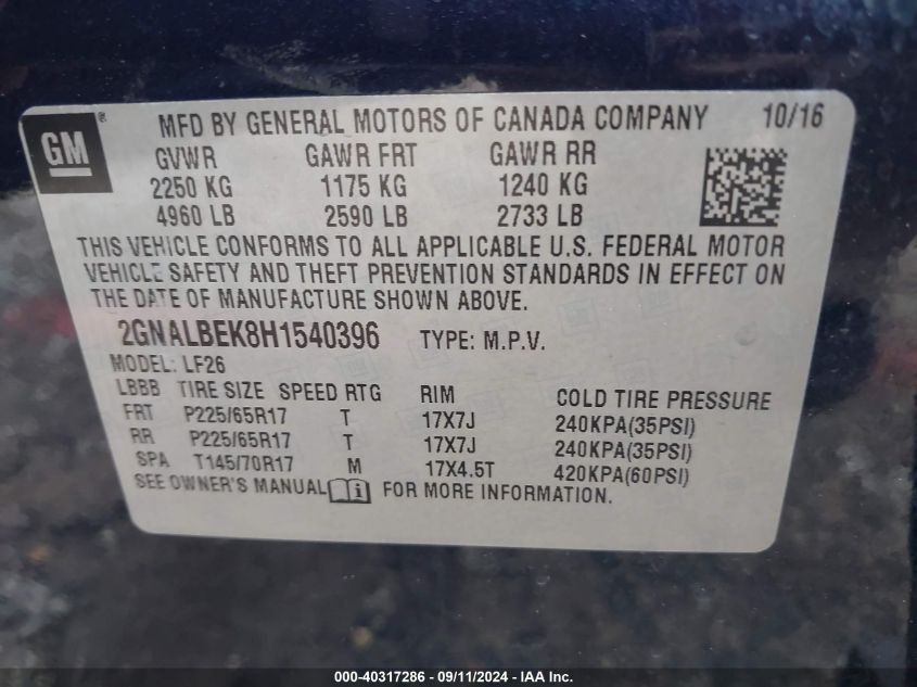 2GNALBEK8H1540396 2017 Chevrolet Equinox Ls