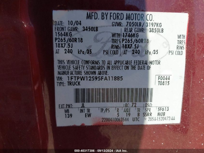 1FTPW12595FA11885 2005 Ford F-150 Lariat/Xlt