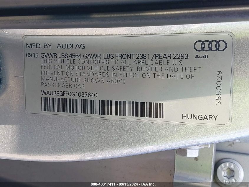 WAUB8GFF0G1037640 2016 Audi A3 2.0T Premium