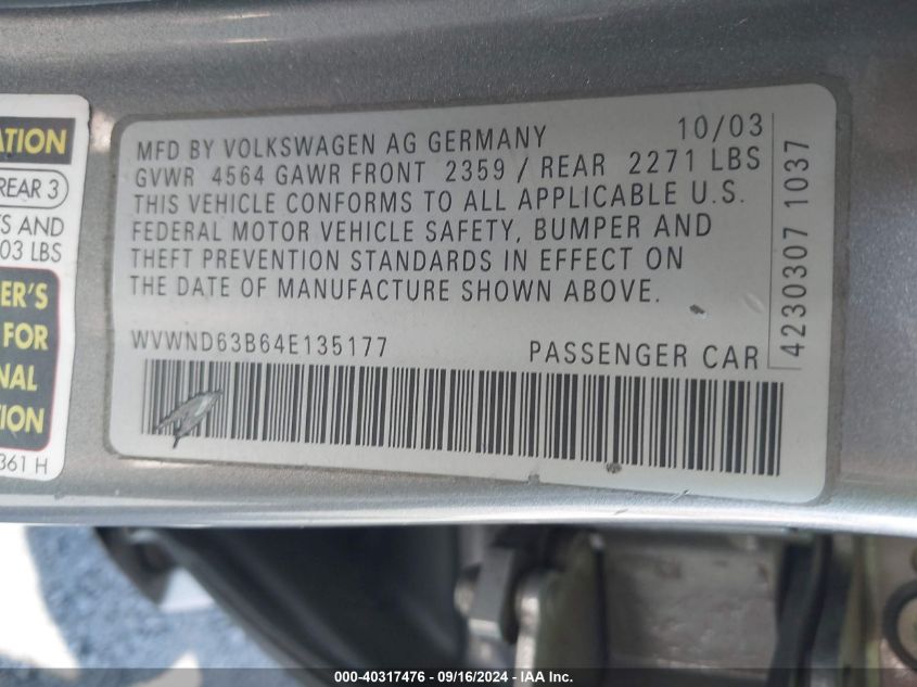 WVWND63B64E135177 2004 Volkswagen Passat Gl