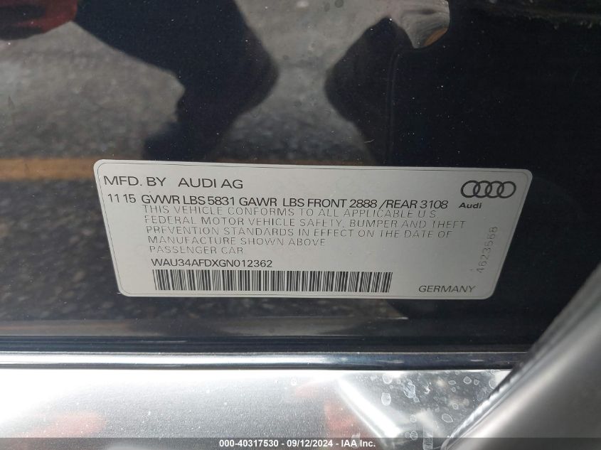 2016 Audi A8 L Quattro VIN: WAU34AFDXGN012362 Lot: 40317530