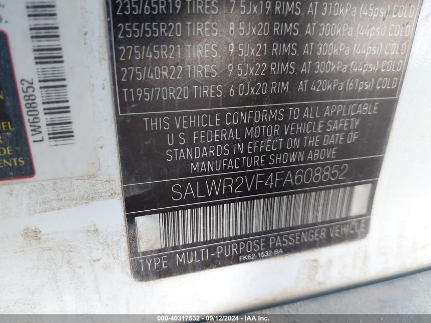 2015 Land Rover Range Rover Sport 3.0L V6 Supercharged Hse VIN: SALWR2VF4FA608852 Lot: 40317532