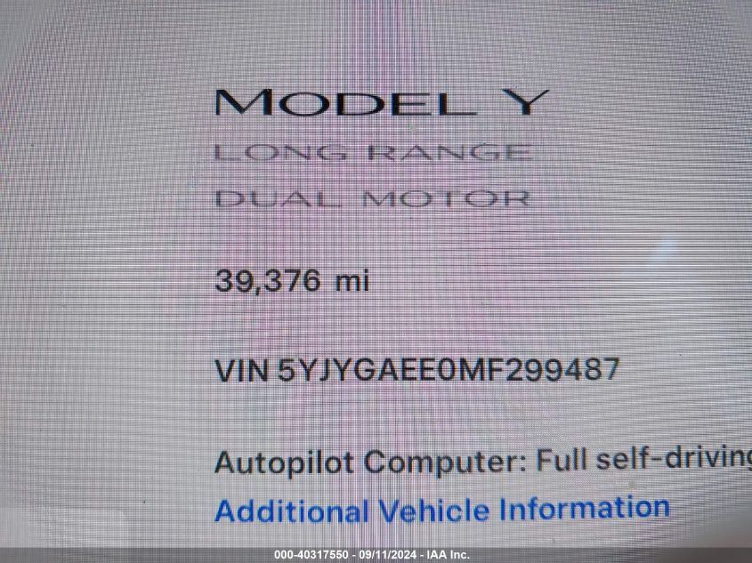 2021 Tesla Model Y Long Range Dual Motor All-Wheel Drive VIN: 5YJYGAEE0MF299487 Lot: 40317550