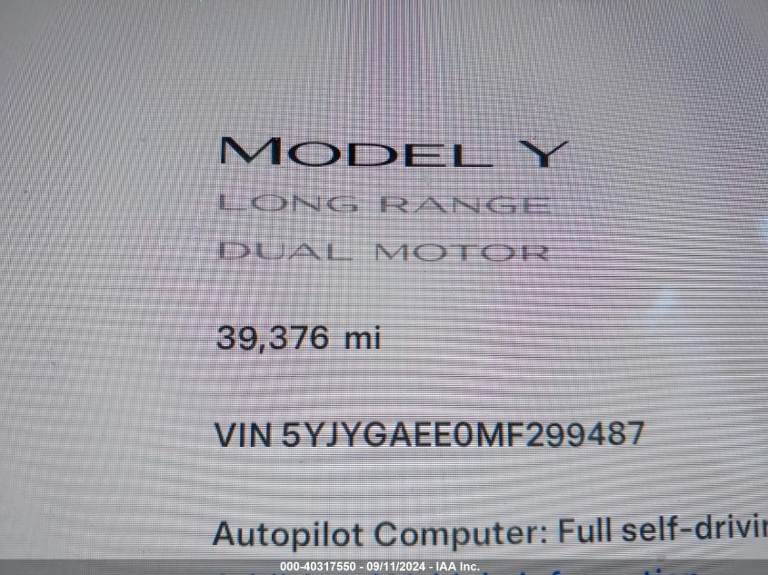 2021 Tesla Model Y Long Range Dual Motor All-Wheel Drive VIN: 5YJYGAEE0MF299487 Lot: 40317550