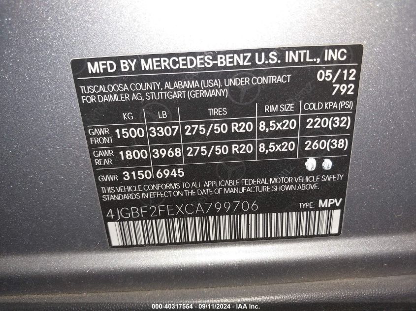 4JGBF2FEXCA799706 2012 Mercedes-Benz Gl 350 Bluetec