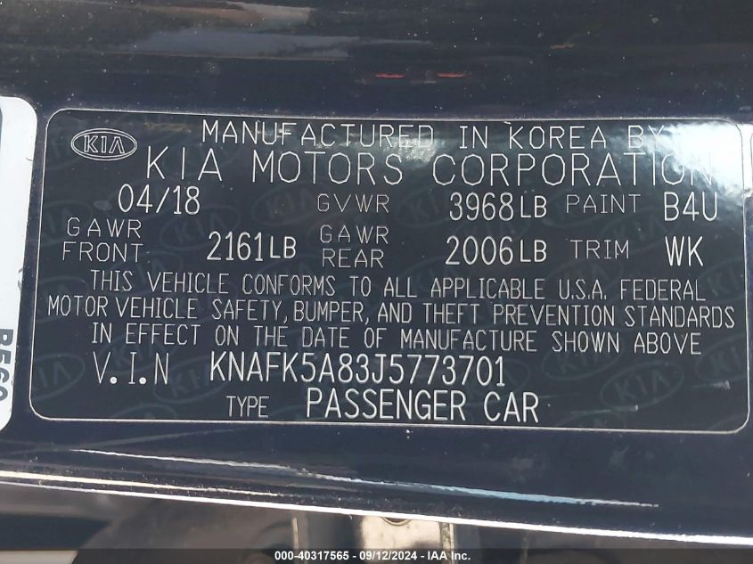 2018 Kia Forte Lx VIN: KNAFK5A83J5773701 Lot: 40317565
