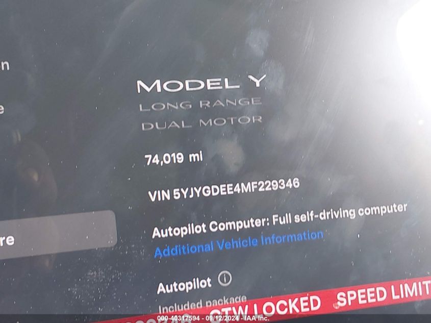 2021 Tesla Model Y Long Range Dual Motor All-Wheel Drive VIN: 5YJYGDEE4MF229346 Lot: 40317594