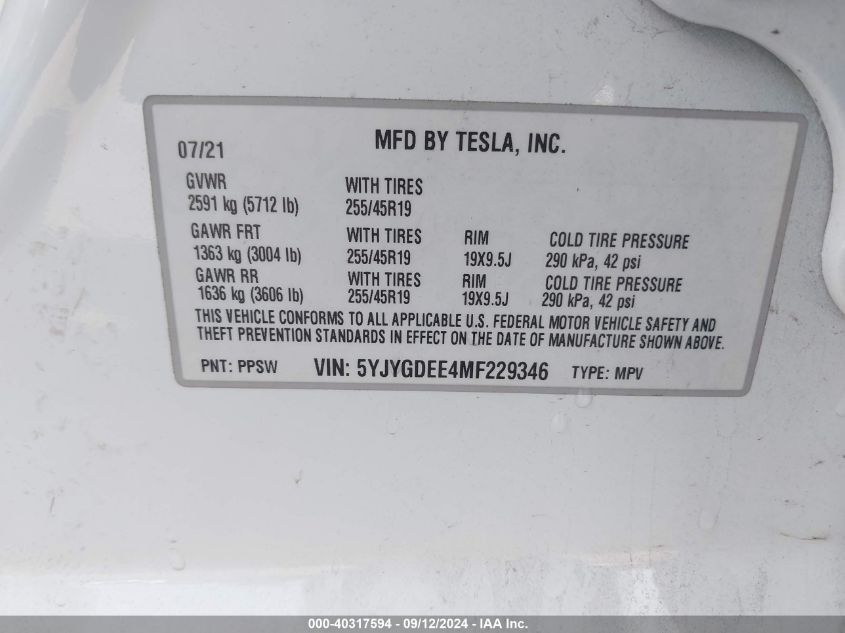 2021 Tesla Model Y Long Range Dual Motor All-Wheel Drive VIN: 5YJYGDEE4MF229346 Lot: 40317594