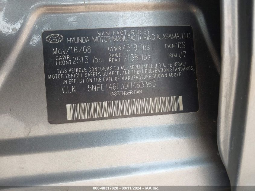 5NPET46F39H463363 2009 Hyundai Sonata Gls