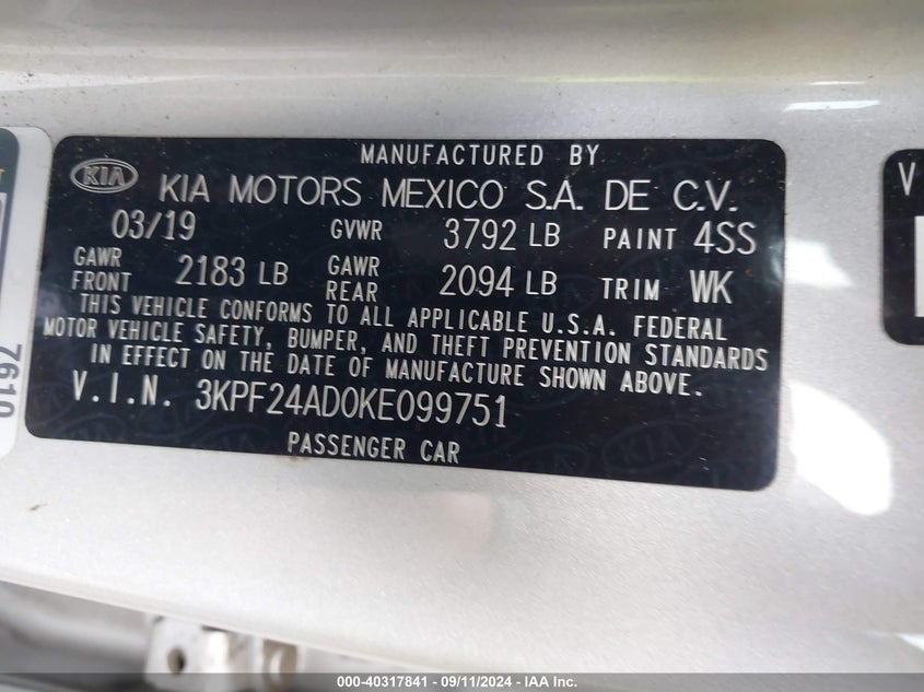 2019 KIA FORTE LXS - 3KPF24AD0KE099751