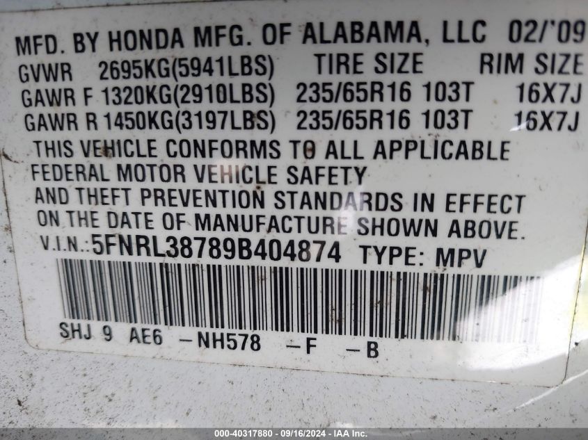 2009 Honda Odyssey Ex-L VIN: 5FNRL38789B404874 Lot: 40317880