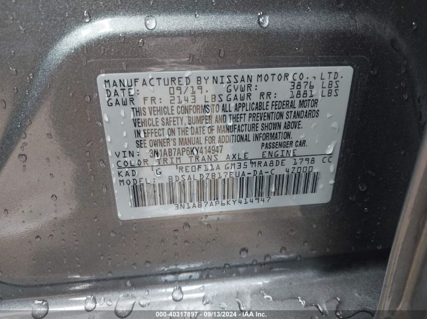 3N1AB7AP6KY414947 2019 Nissan Sentra Sv