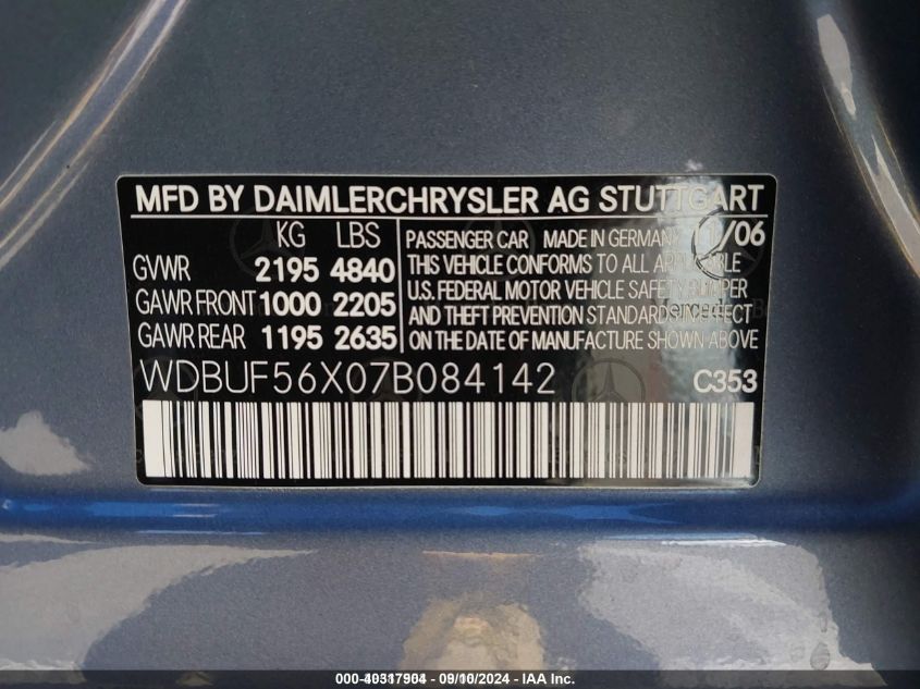 2007 Mercedes-Benz E 350 VIN: WDBUF56X07B084142 Lot: 40317904