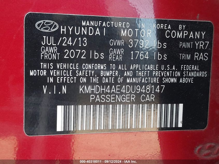 2013 Hyundai Elantra Gls/Limited VIN: KMHDH4AE4DU948147 Lot: 40318011