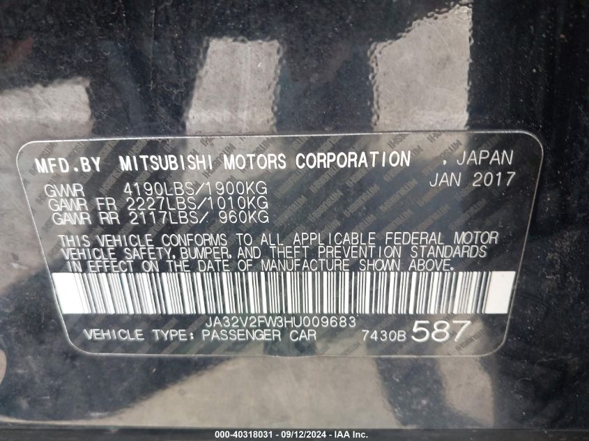 JA32V2FW3HU009683 2017 Mitsubishi Lancer Es/Se/Sel