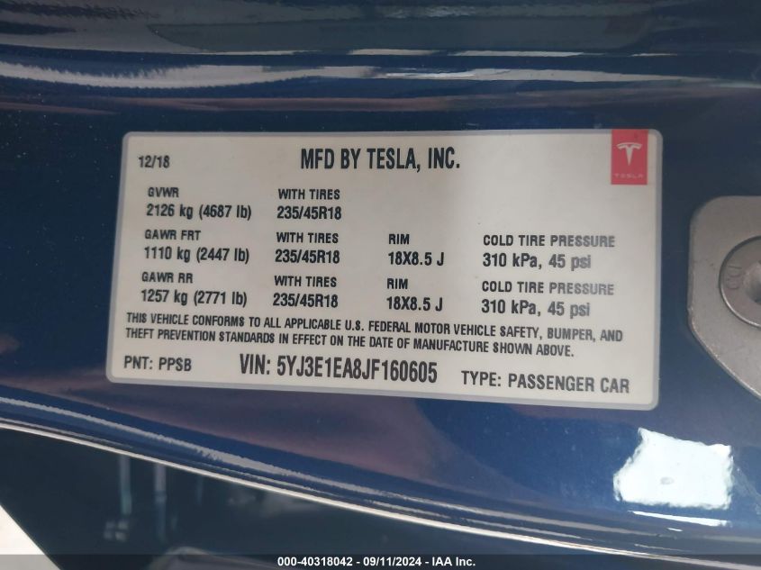 2018 Tesla Model 3 Long Range/Mid Range VIN: 5YJ3E1EA8JF160605 Lot: 40318042