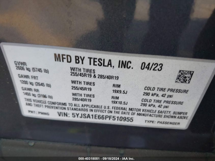 2023 Tesla Model S Plaid Tri Motor All-Wheel Drive VIN: 5YJSA1E66PF510955 Lot: 40318051